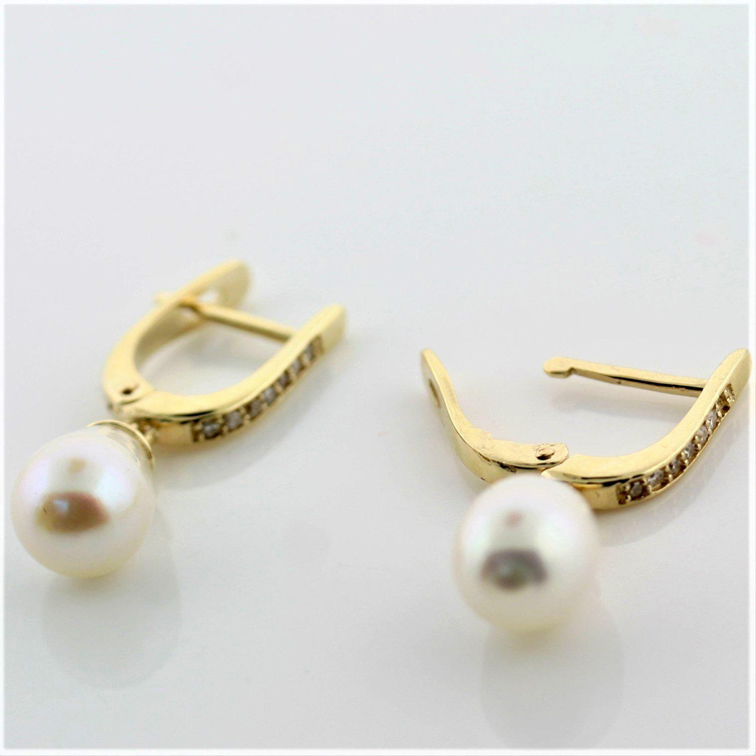 Cultured Pearl and Diamond Drop Earrings 14K Yellow Gold - Thenetjeweler