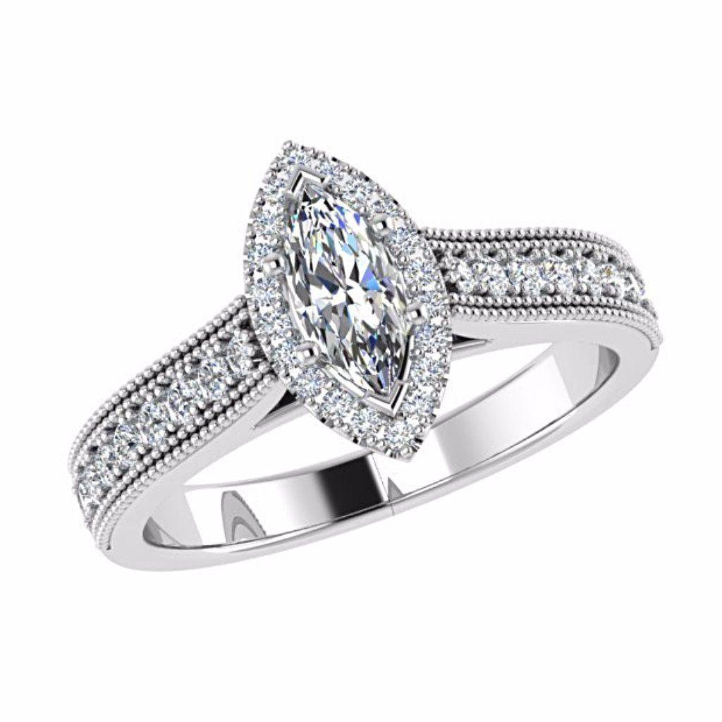 Marquise Diamond Halo Side Stone Engagement Ring 18K White Gold Setting - Thenetjeweler