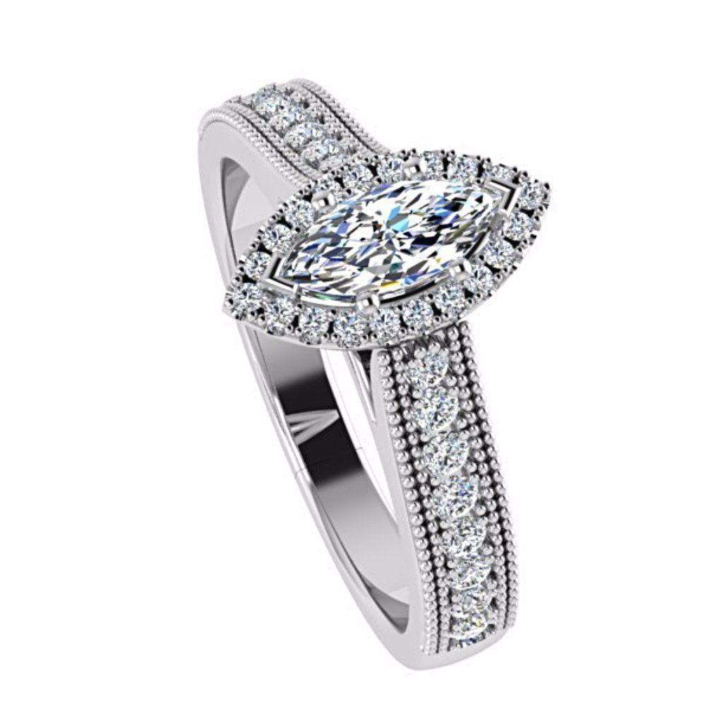 Marquise Diamond Halo Side Stone Engagement Ring 18K White Gold Setting - Thenetjeweler