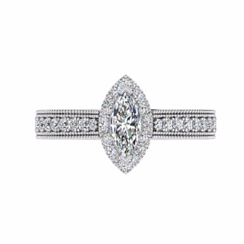 Marquise Diamond Halo Side Stone Engagement Ring 18K White Gold Setting - Thenetjeweler