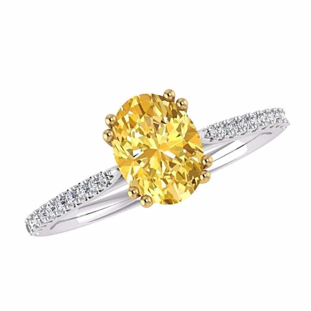 Oval Yellow Diamond Side Stone Ring 18K White Gold Setting - Thenetjeweler