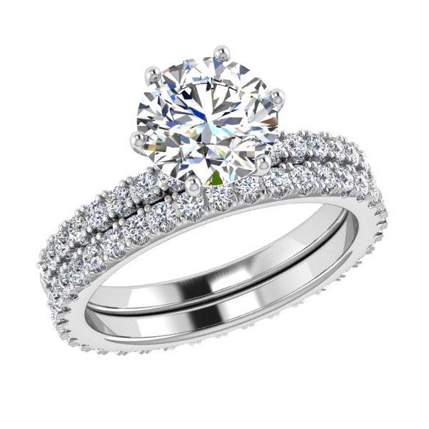 Round Diamond Side Stone Engagement and Eternity Ring Set 18K Gold - Thenetjeweler