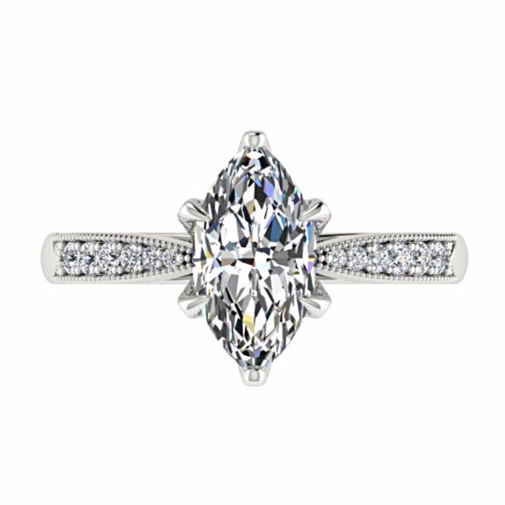 Marquise Diamond Engagement Ring 18K White Gold Setting 12 Side Stones - Thenetjeweler
