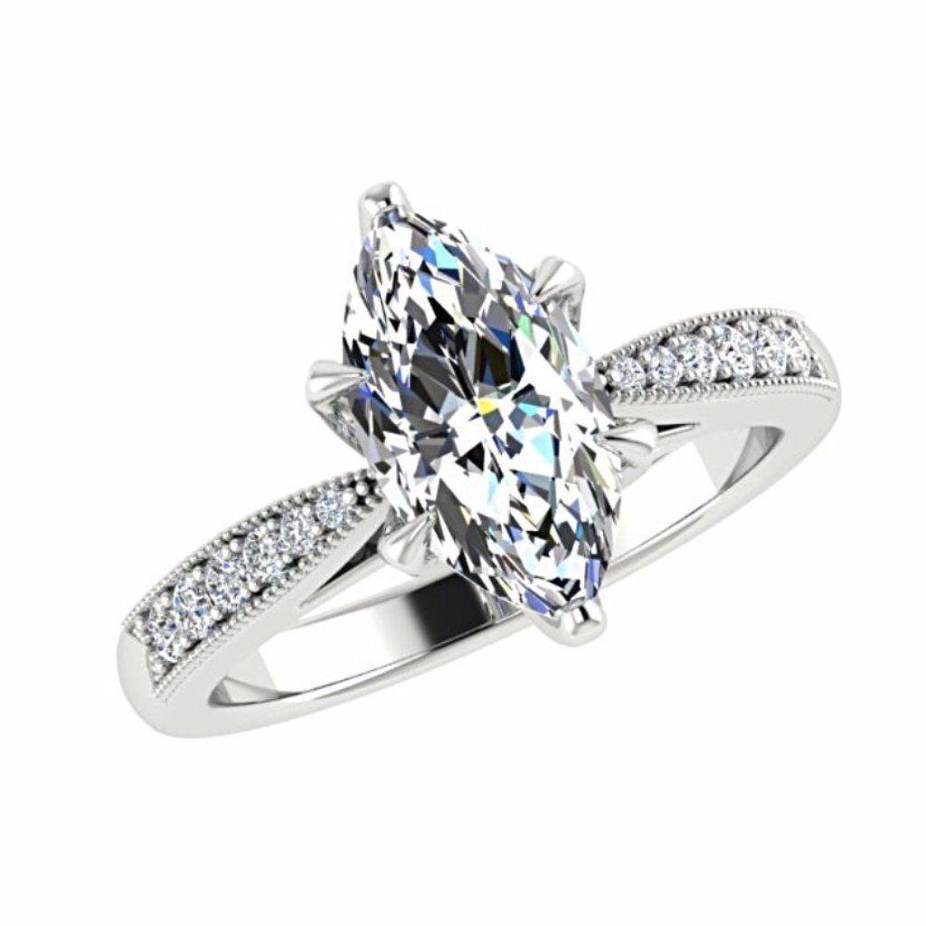 Marquise Diamond Engagement Ring 18K White Gold Setting 12 Side Stones - Thenetjeweler