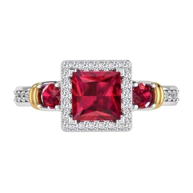 Three Stone Ruby and Diamond Halo Ring 14K Gold - Thenetjeweler