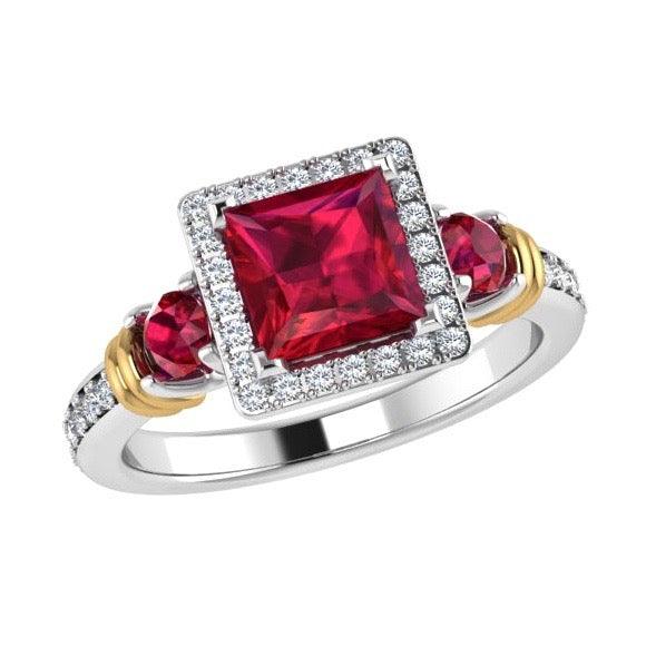 Three Stone Ruby and Diamond Halo Ring 14K Gold - Thenetjeweler