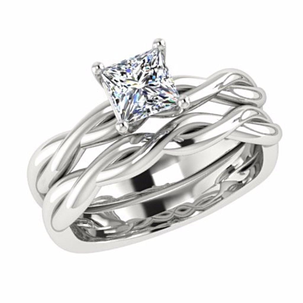 Princess Cut Twist Band Side Stone Engagement Ring Set 18K White Gold - Thenetjeweler