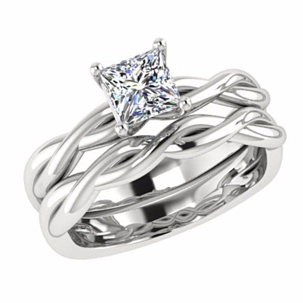 Princess Cut Twist Band Solitaire Engagement Ring Set 18K White Gold - Thenetjeweler