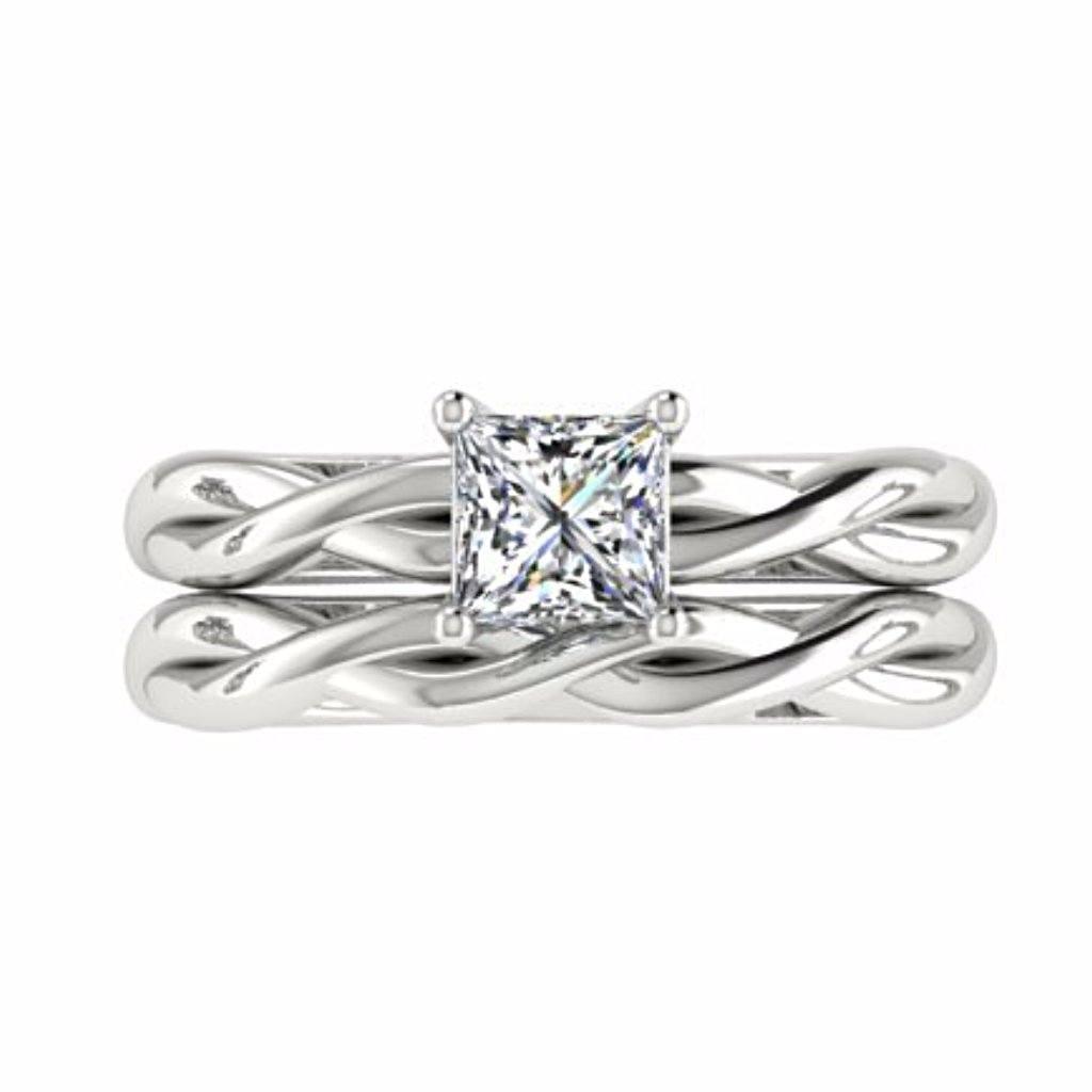 Princess Cut Twist Band Side Stone Engagement Ring Set 18K White Gold - Thenetjeweler