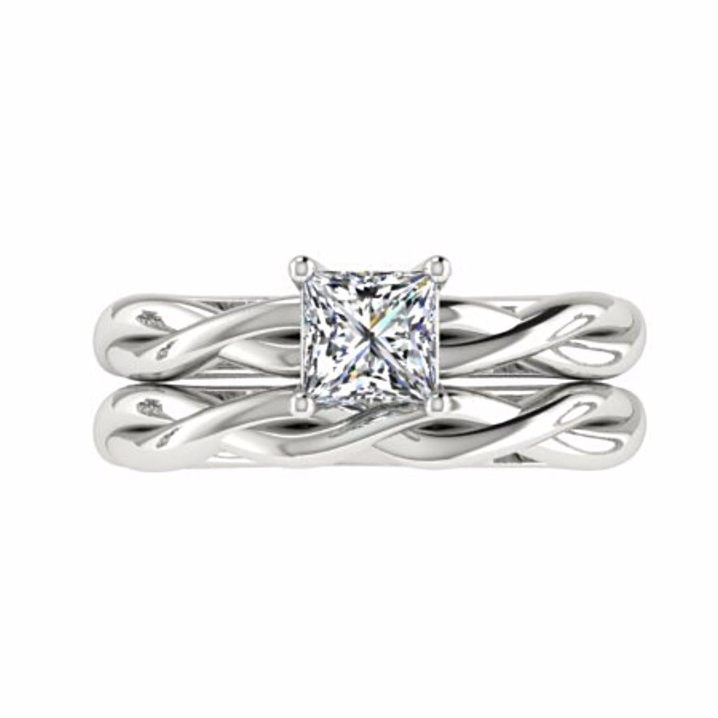 Princess Cut Twist Band Solitaire Engagement Ring Set 18K White Gold - Thenetjeweler