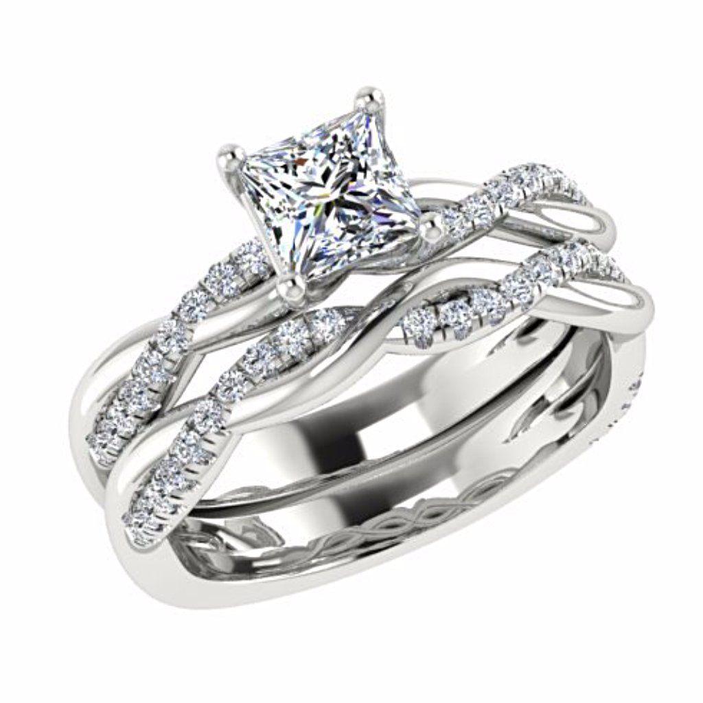 Princess Cut Twist Band Side Stone Engagement Ring Set 18K White Gold - Thenetjeweler