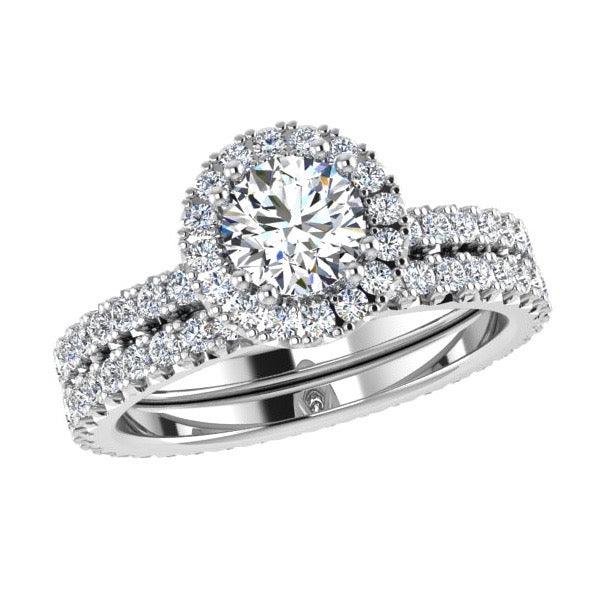 Halo Diamond Engagement Ring & Eternity Band Set 18K Gold - Thenetjeweler