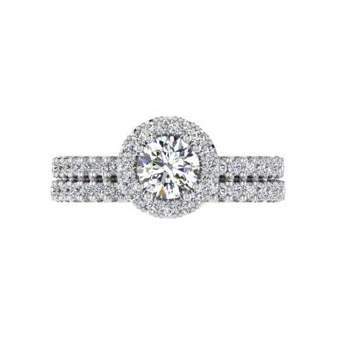 Halo Diamond Engagement Ring & Eternity Band Set 18K Gold - Thenetjeweler