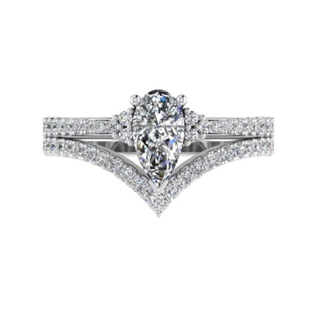 Pear cut Diamond Ring and V Shaped Diamond Band Bridal Set - Thenetjeweler
