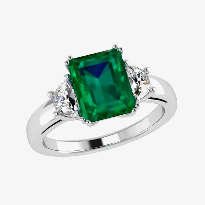 Emerald-Cut Emerald and Half Moon Diamond Ring - Thenetjeweler
