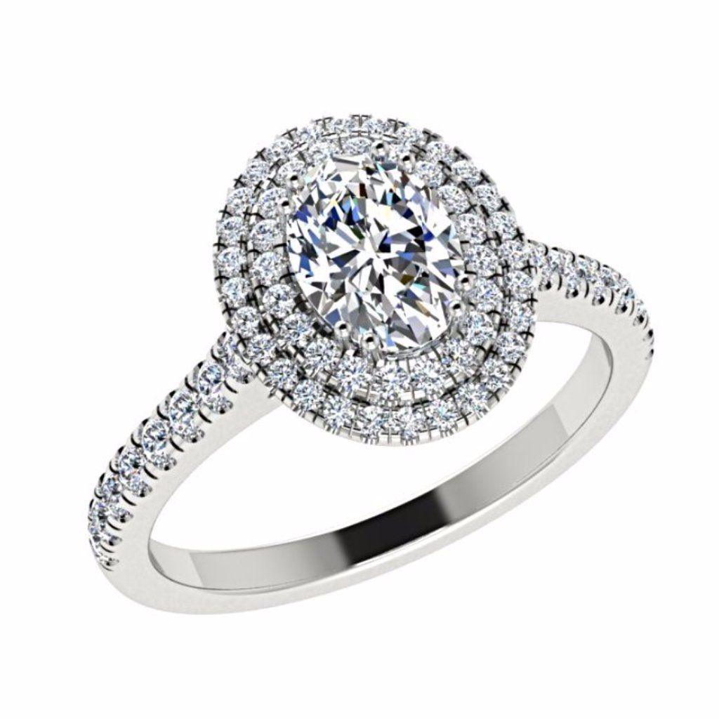 Oval Diamond Double Halo Engagement Ring with Side Stones 18K Gold - Thenetjeweler