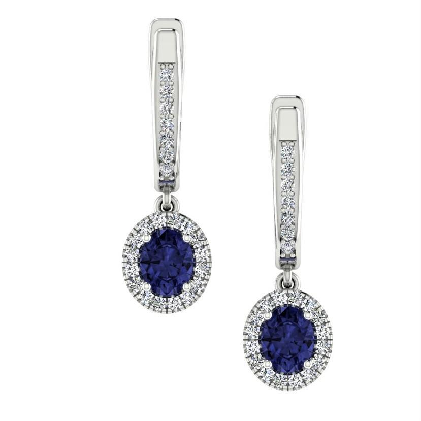 Oval cut Sapphire and Diamond Drop Earrings 18K White Gold - Thenetjeweler