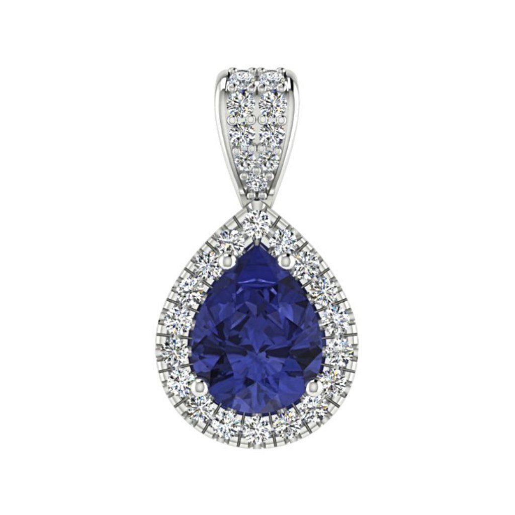 Sapphire Pear Shaped Diamond Halo Pendant 18K White Gold - Thenetjeweler