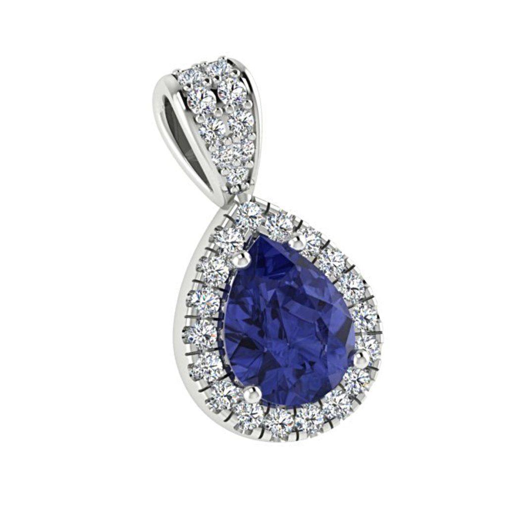 Sapphire Pear Shaped Diamond Halo Pendant 18K White Gold - Thenetjeweler