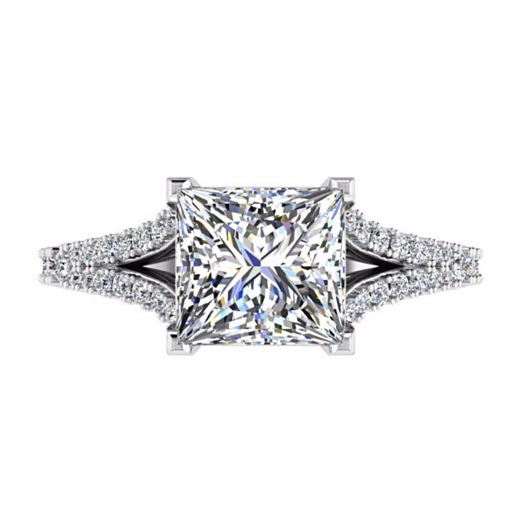 Princess Cut Split Shank Side Stone Diamond Engagement Ring 18K Gold - Thenetjeweler