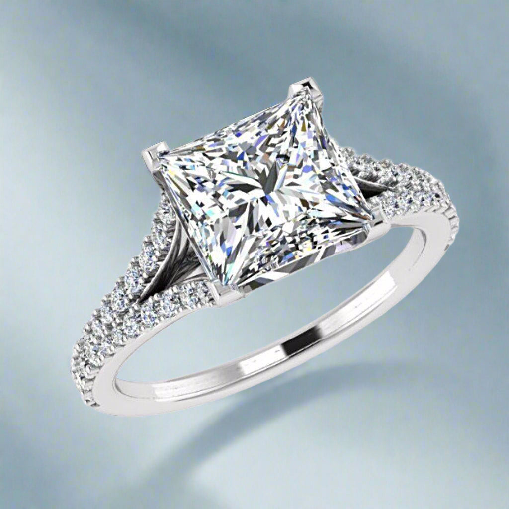 Princess Cut Split Shank Side Stone Diamond Engagement Ring 18K Gold - Thenetjeweler