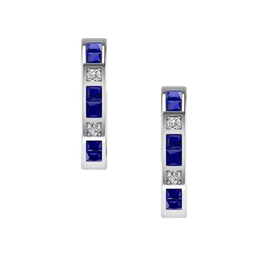 Diamond and Sapphire Hoops Huggies Earrings 14K Gold - Thenetjeweler