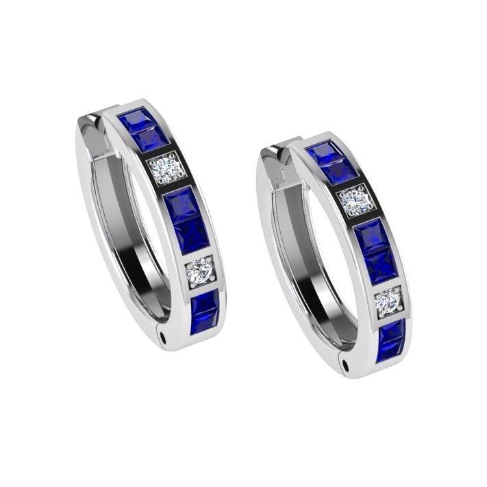 Diamond and Sapphire Hoops Huggies Earrings 14K Gold - Thenetjeweler
