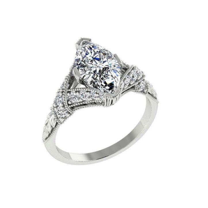 Marquise Diamond Side Stone Twisted Carved Band Engagement Ring 18K White Gold (0.26 ct.tw.) - Thenetjeweler