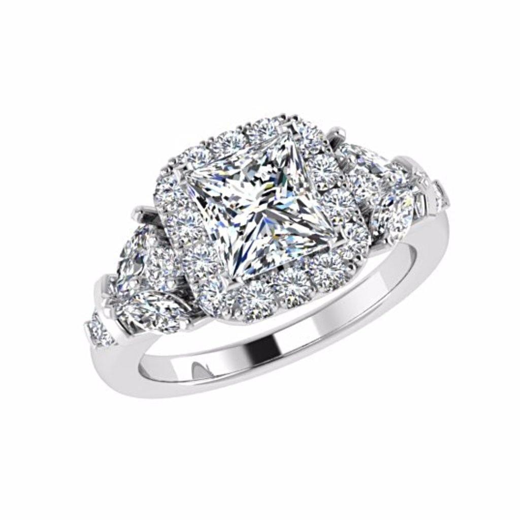 Princess Halo Diamond Engagement Ring with Fancy Side Stones 18K White Gold - Thenetjeweler