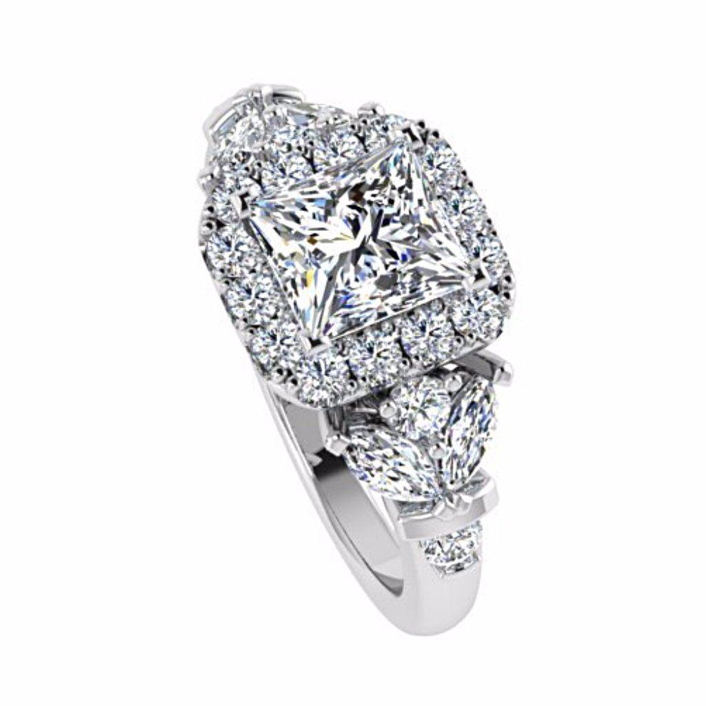 Princess Halo Diamond Engagement Ring with Fancy Side Stones 18K White Gold - Thenetjeweler