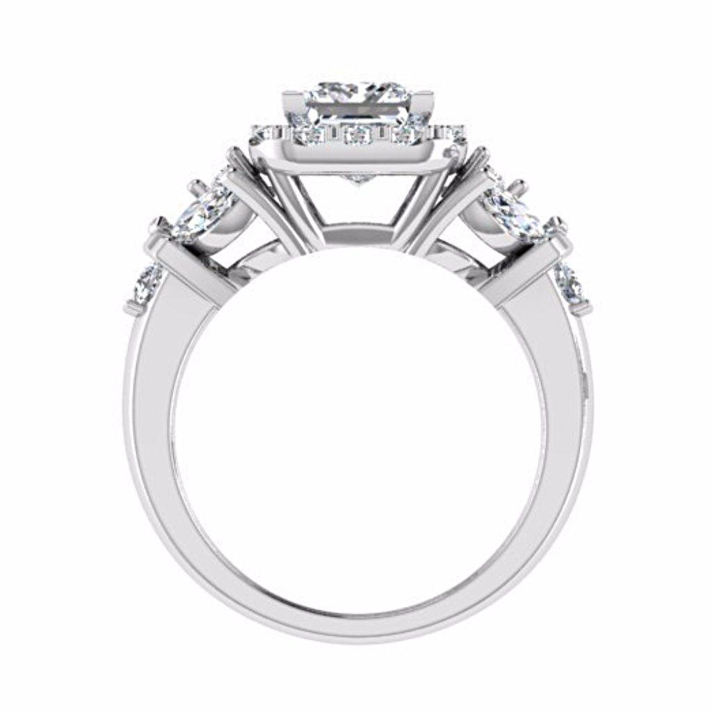 Princess Halo Diamond Engagement Ring with Fancy Side Stones 18K White Gold - Thenetjeweler