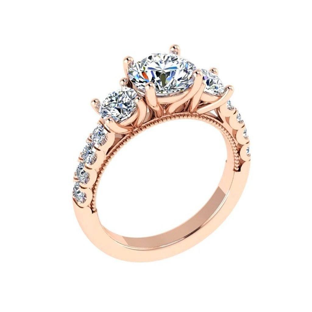 Round Three Stone Diamond Engagement Ring with Side Stones 18K Super White Gold - Thenetjeweler
