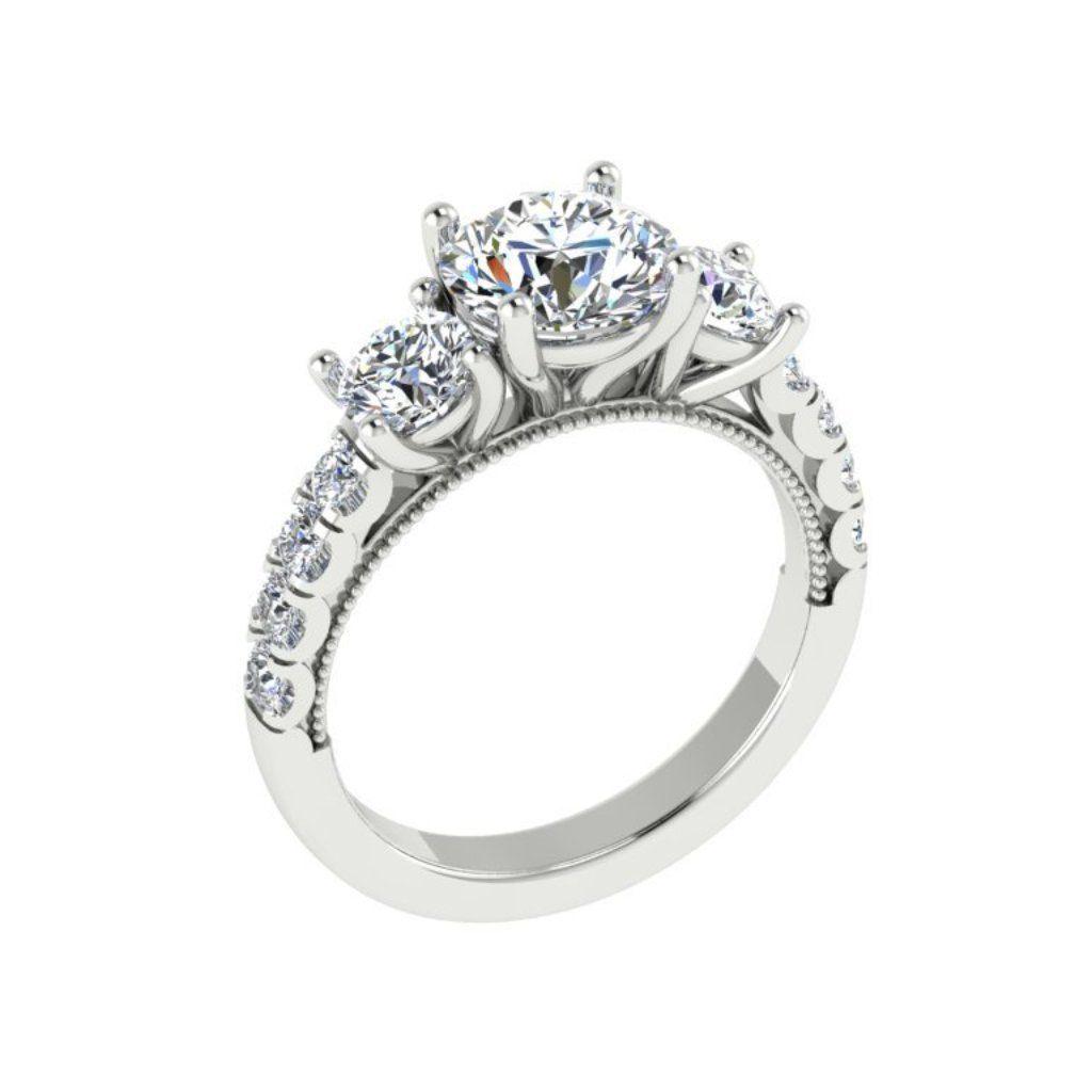 Round Three Stone Diamond Engagement Ring with Side Stones 18K Super White Gold - Thenetjeweler