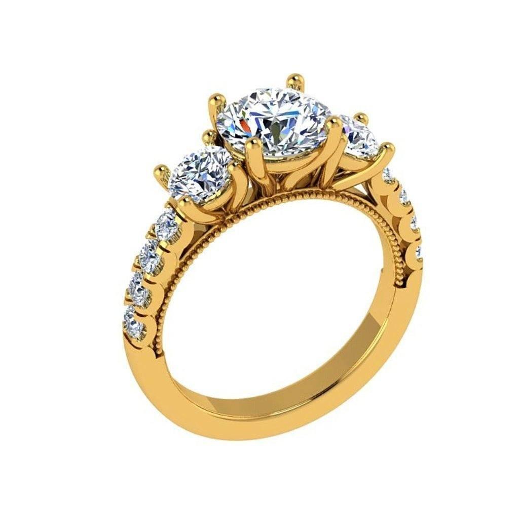 Round Three Stone Diamond Engagement Ring with Side Stones 18K Super White Gold - Thenetjeweler