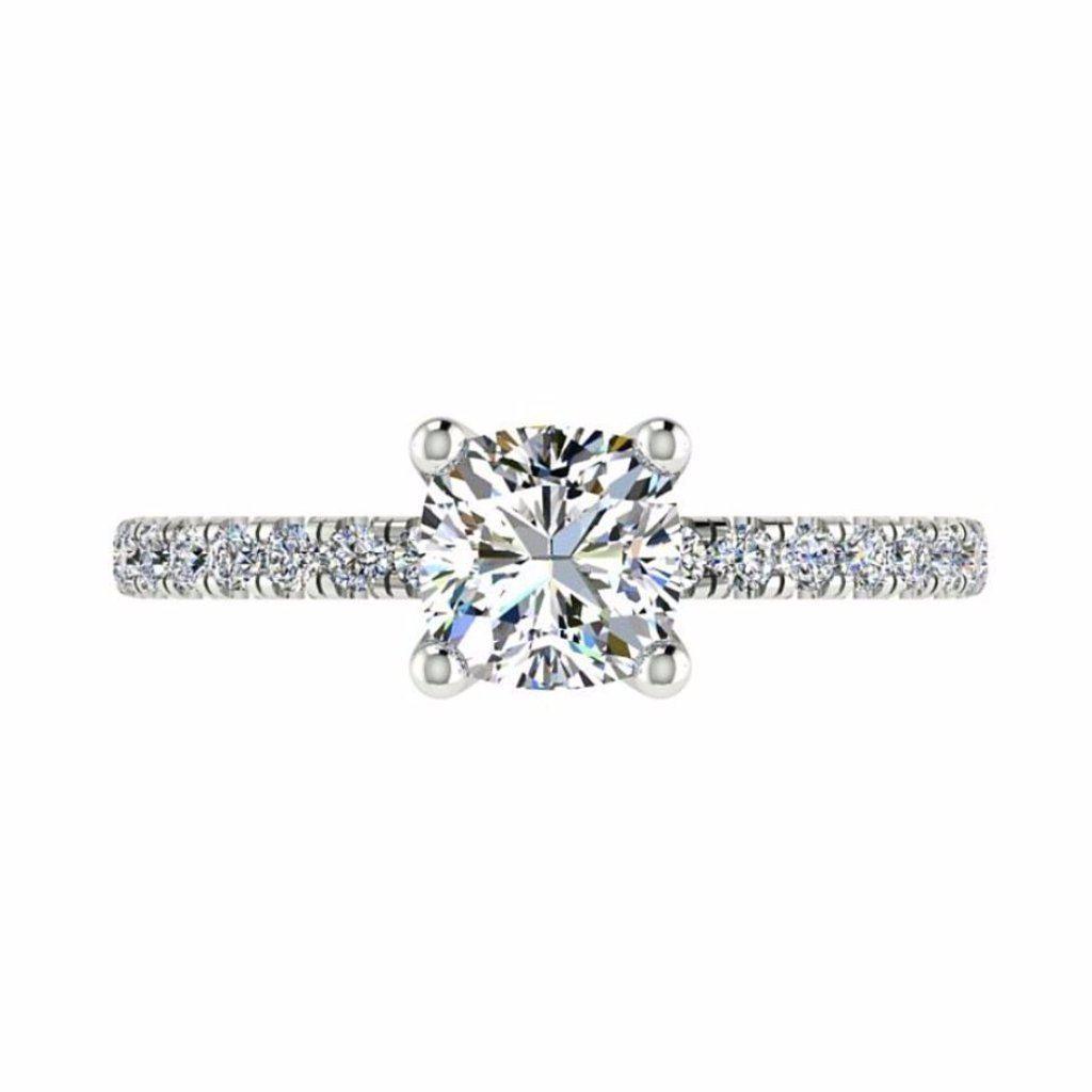 Cushion Diamond Side Stone Engagement Ring Single Prong Setting 18K Gold - Thenetjeweler