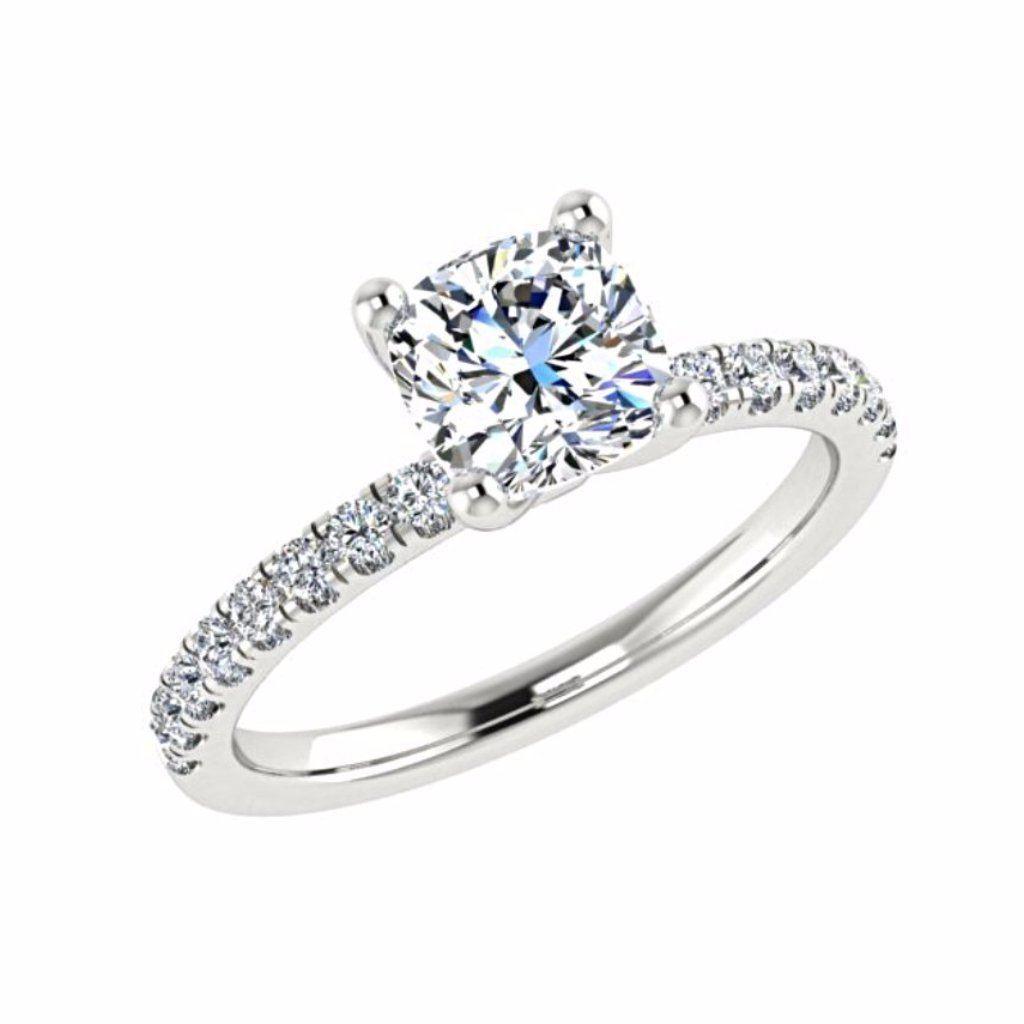 Cushion Diamond Side Stone Engagement Ring Single Prong Setting 18K Gold - Thenetjeweler