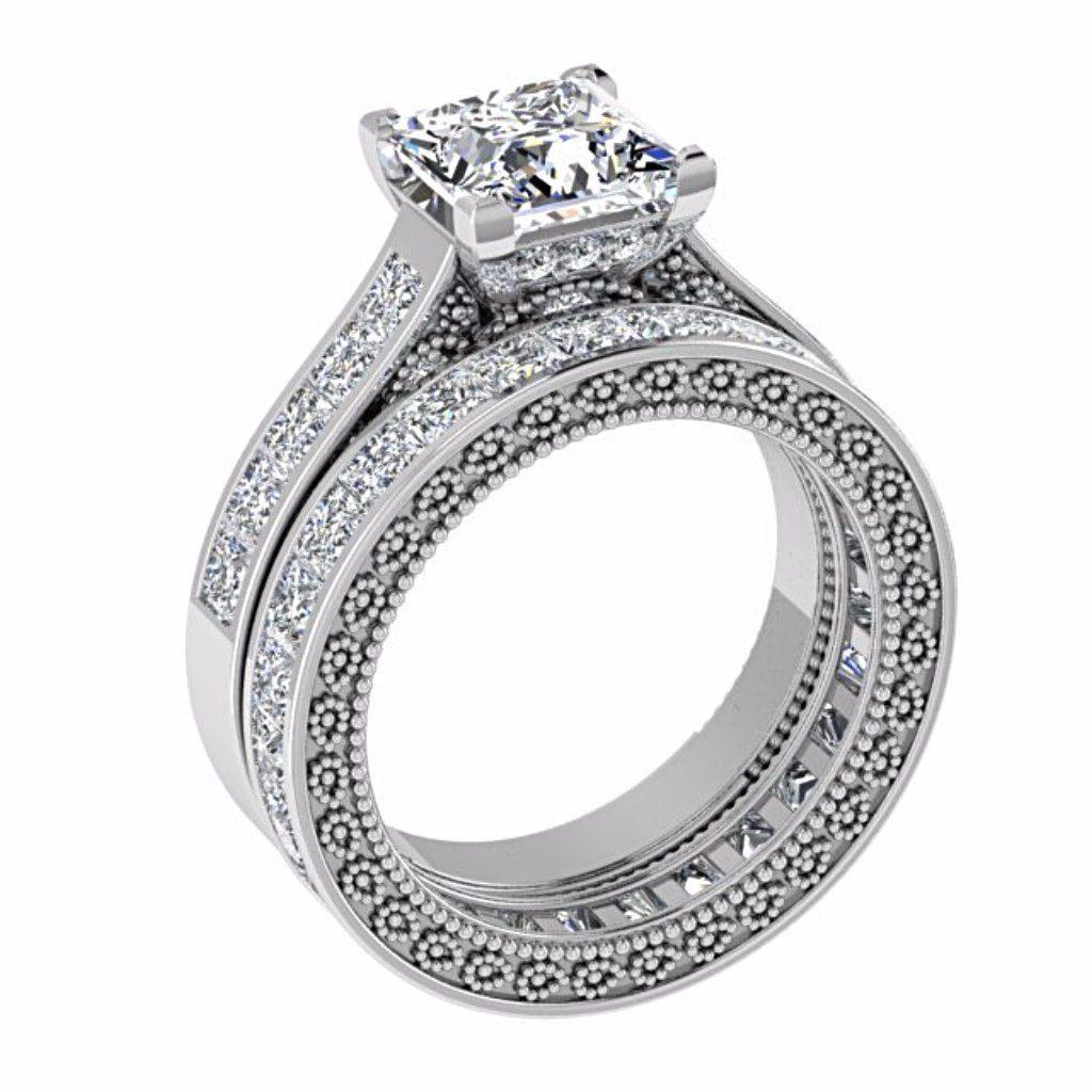 Princess Diamond Engagement and Eternity Ring Set 18K White Gold - Thenetjeweler