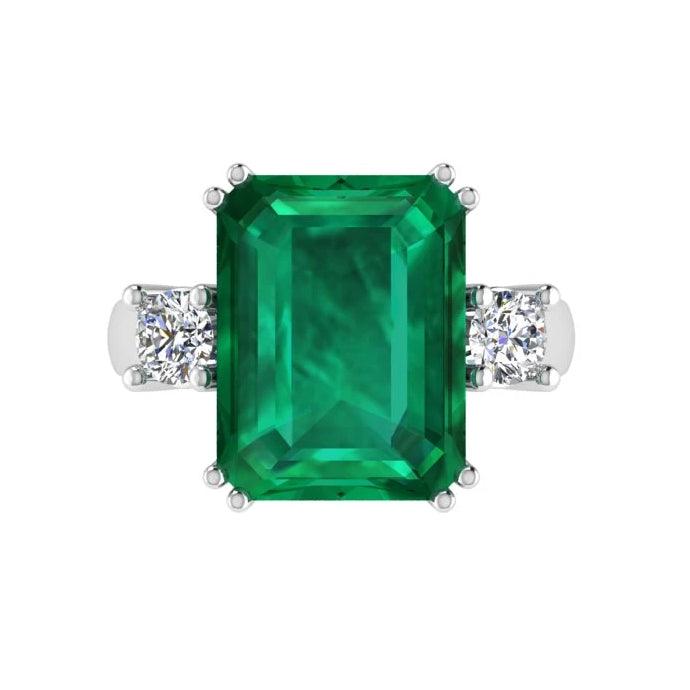 Emerald-Cut Emerald and Diamond Three Stone Ring - Thenetjeweler