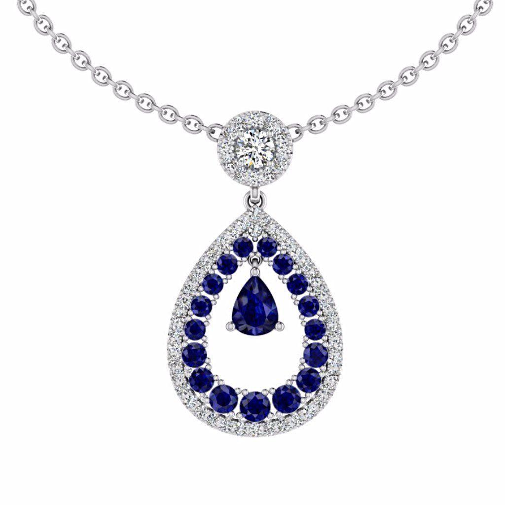 Diamond and Sapphire Pear Shaped Halo Pendant 18K Gold - Thenetjeweler
