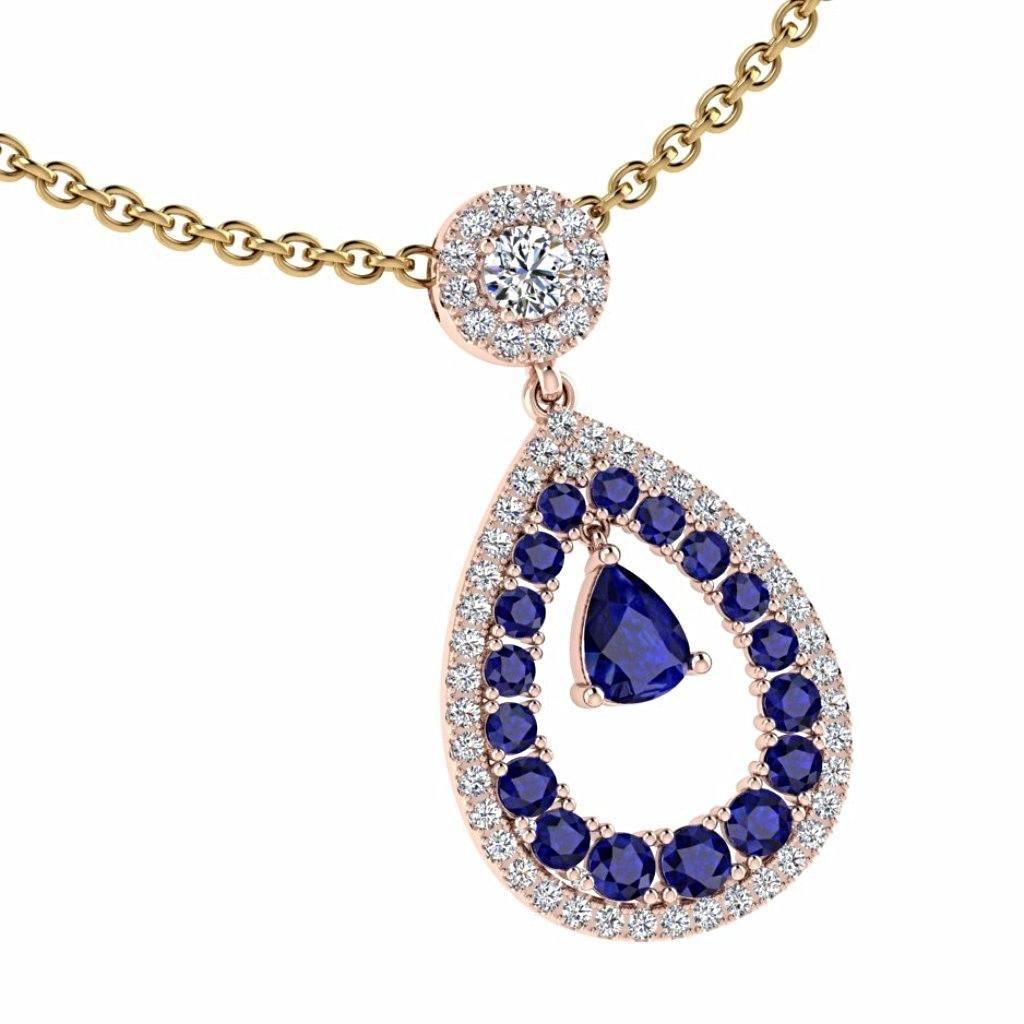 Diamond and Sapphire Pear Shaped Halo Pendant 18K Gold - Thenetjeweler