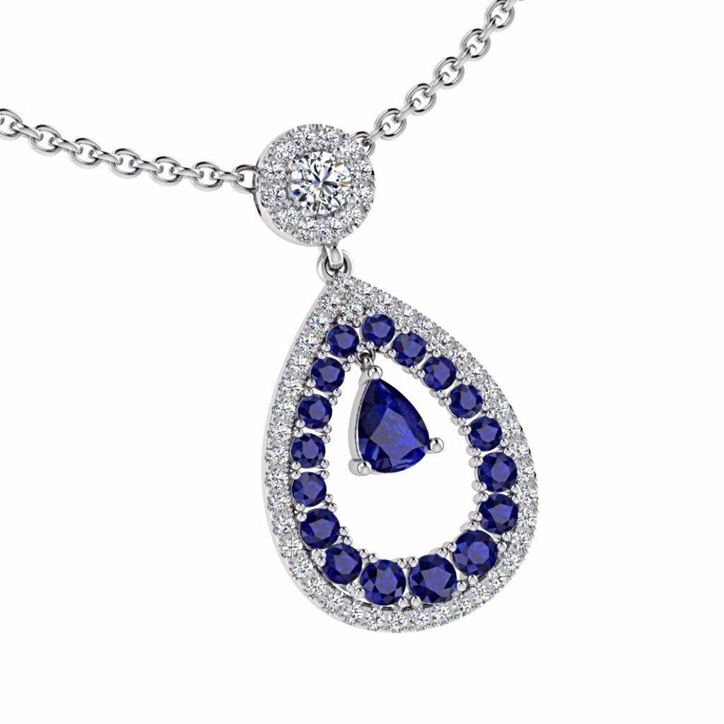 Diamond and Sapphire Pear Shaped Halo Pendant 18K Gold - Thenetjeweler