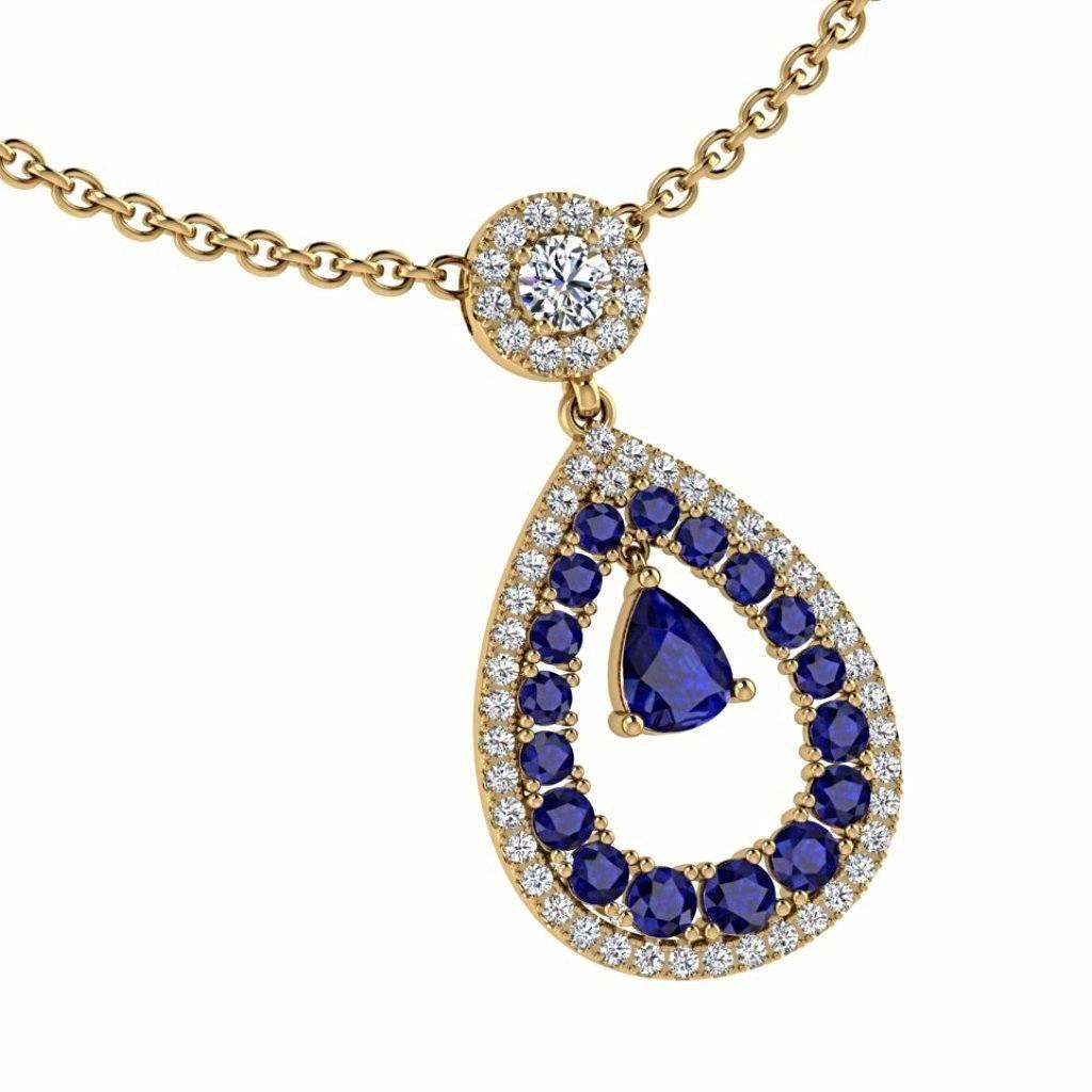 Diamond and Sapphire Pear Shaped Halo Pendant 18K Gold - Thenetjeweler