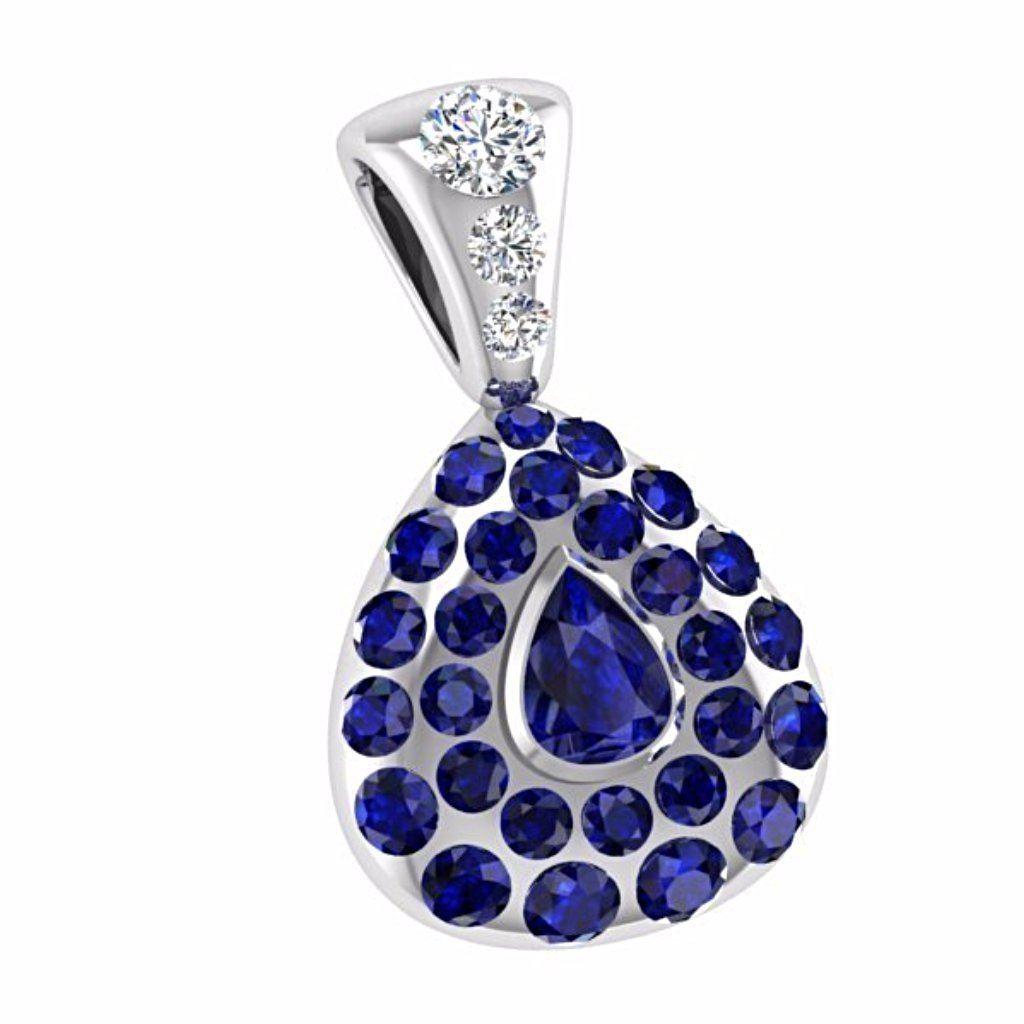 Diamond and Sapphire Pear Shaped Pendant 14K White Gold - Thenetjeweler