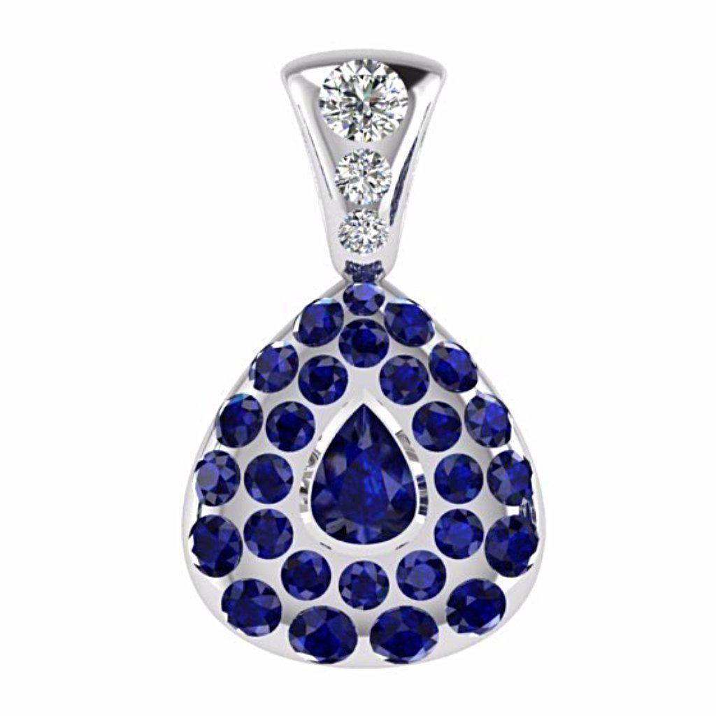 Diamond and Sapphire Pear Shaped Pendant 14K White Gold - Thenetjeweler
