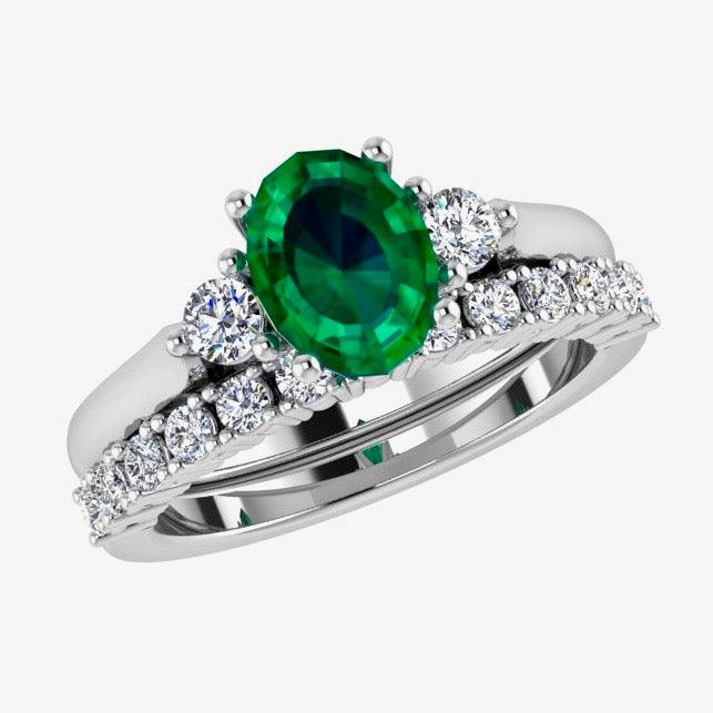 Emerald and Diamond Engagement Ring & Semi Eternity Set - Thenetjeweler