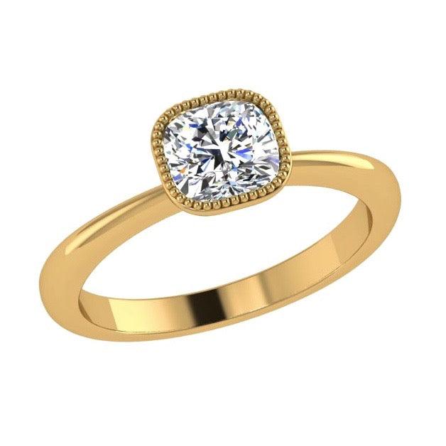 Milgrain Detail Cushion Solitaire Engagement Ring 18K Gold - Thenetjeweler