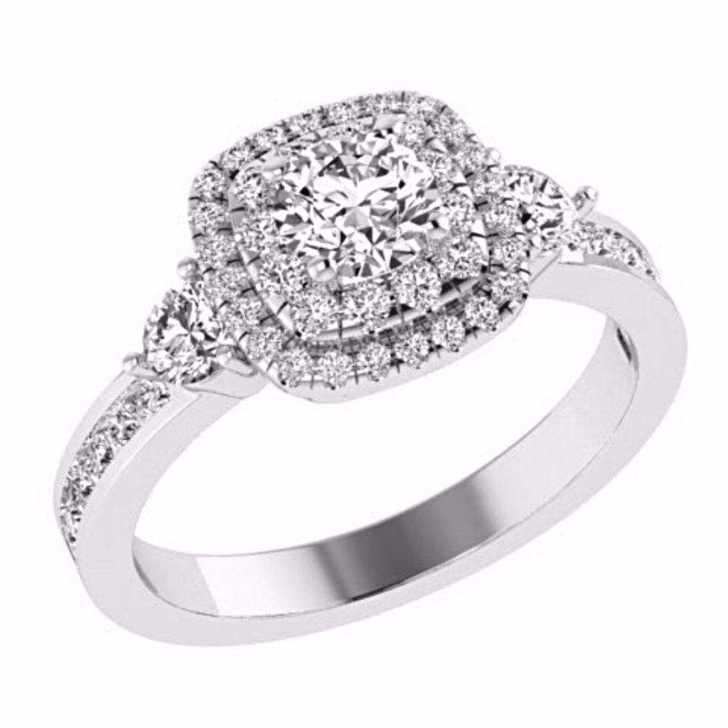 Double Cushion Halo Round Diamond Engagement Ring with Side Stones 18K Gold - Thenetjeweler