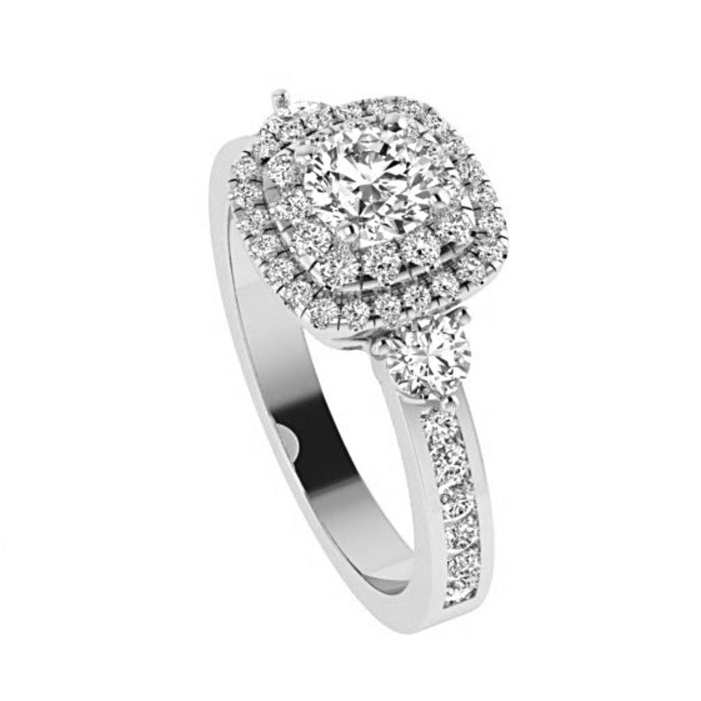 Double Cushion Halo Round Diamond Engagement Ring with Side Stones 18K Gold - Thenetjeweler