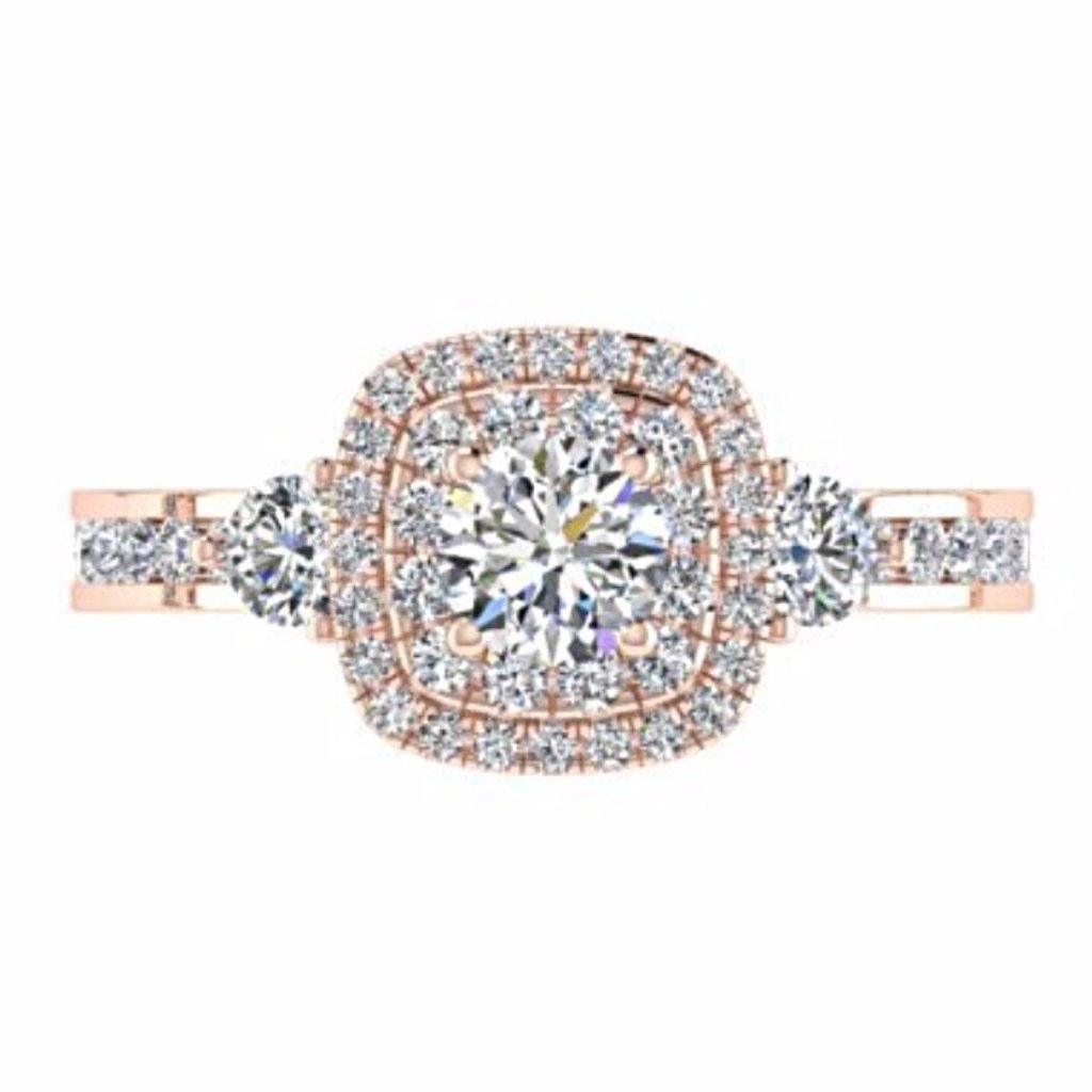 Double Cushion Halo Round Diamond Engagement Ring with Side Stones 18K Gold - Thenetjeweler