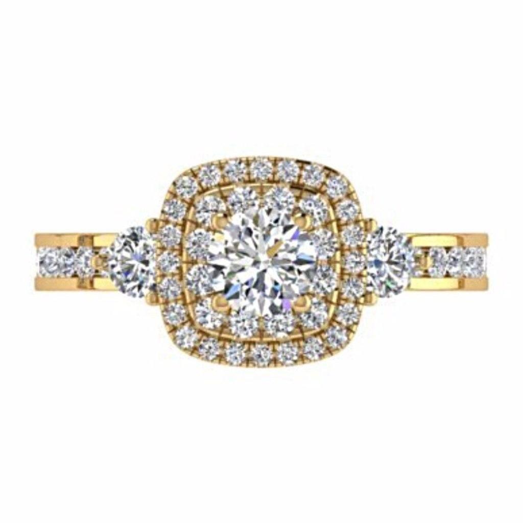Double Cushion Halo Round Diamond Engagement Ring with Side Stones 18K Gold - Thenetjeweler